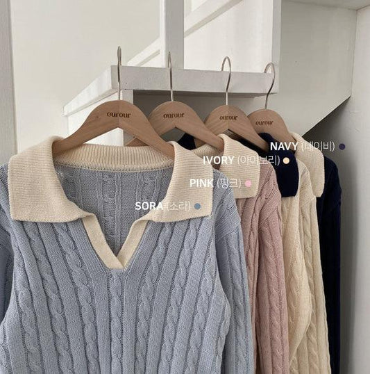 韓製翻領撞色麻花針織衫<KR> - IKIMSTORE