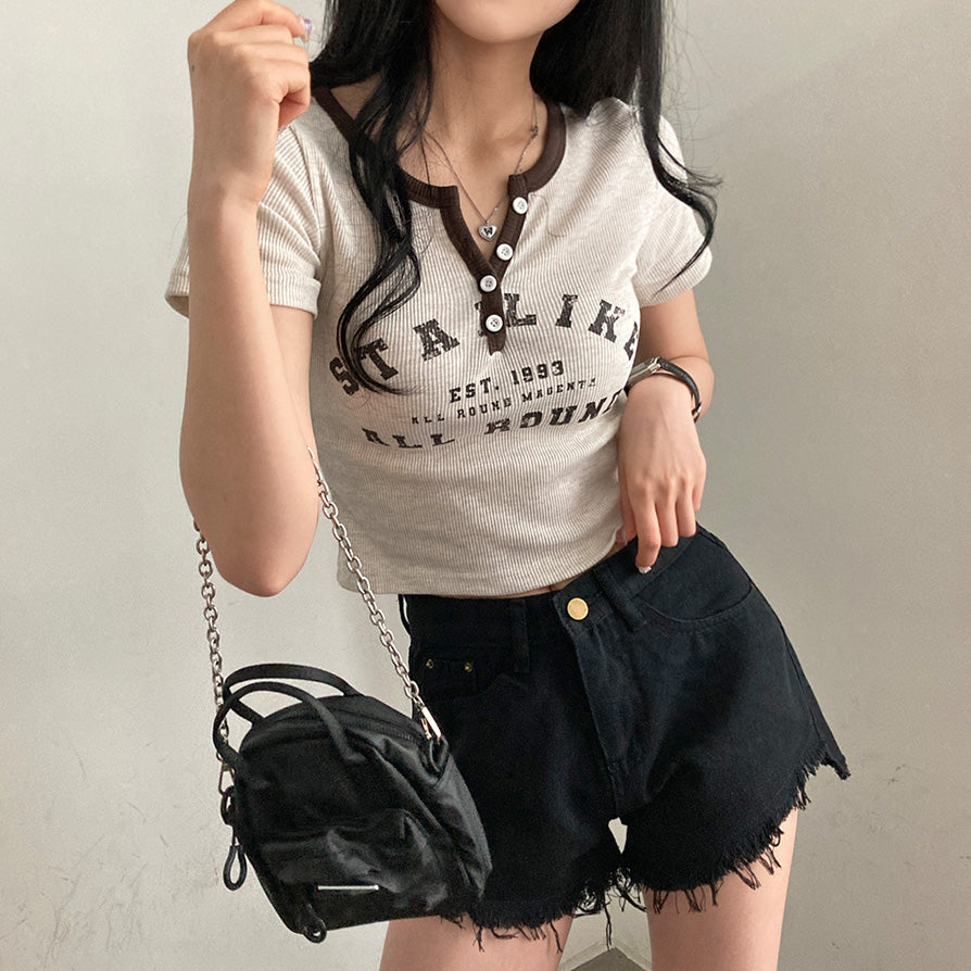 韓製🇰🇷拼色復古鈕扣短款短袖T恤