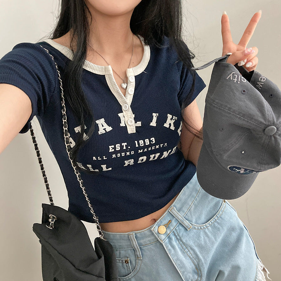 韓製🇰🇷拼色復古鈕扣短款短袖T恤