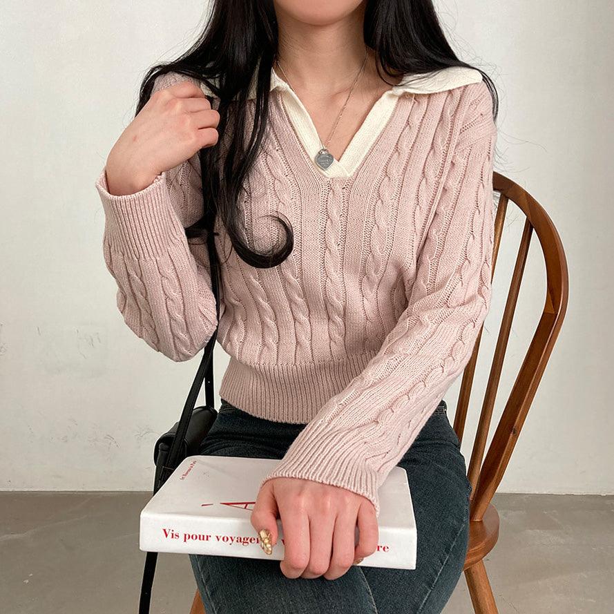 韓製翻領撞色麻花針織衫<KR> - IKIMSTORE