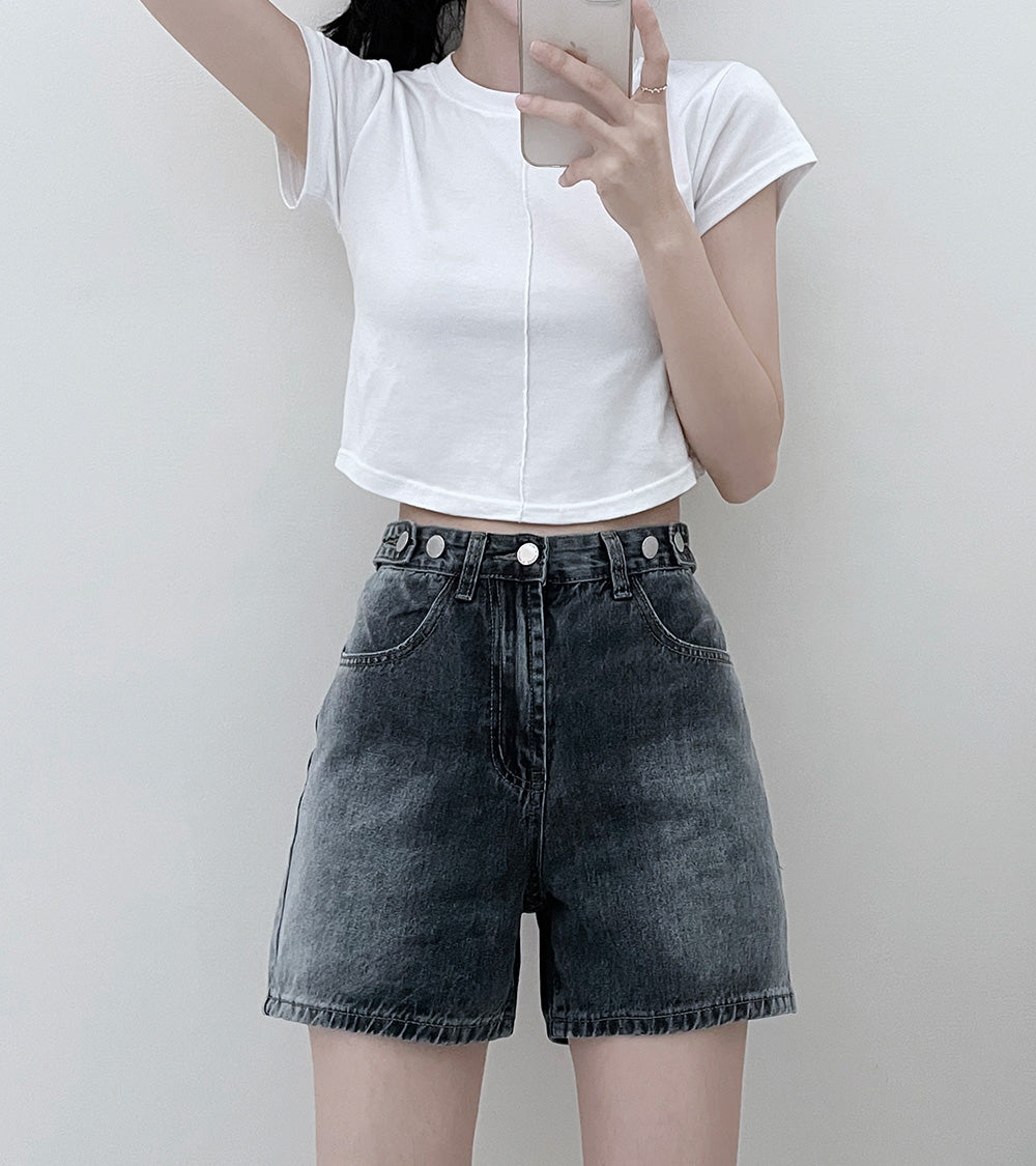 【長度可選/S-2XL】腰圍調節鈕扣水洗牛仔短褲
