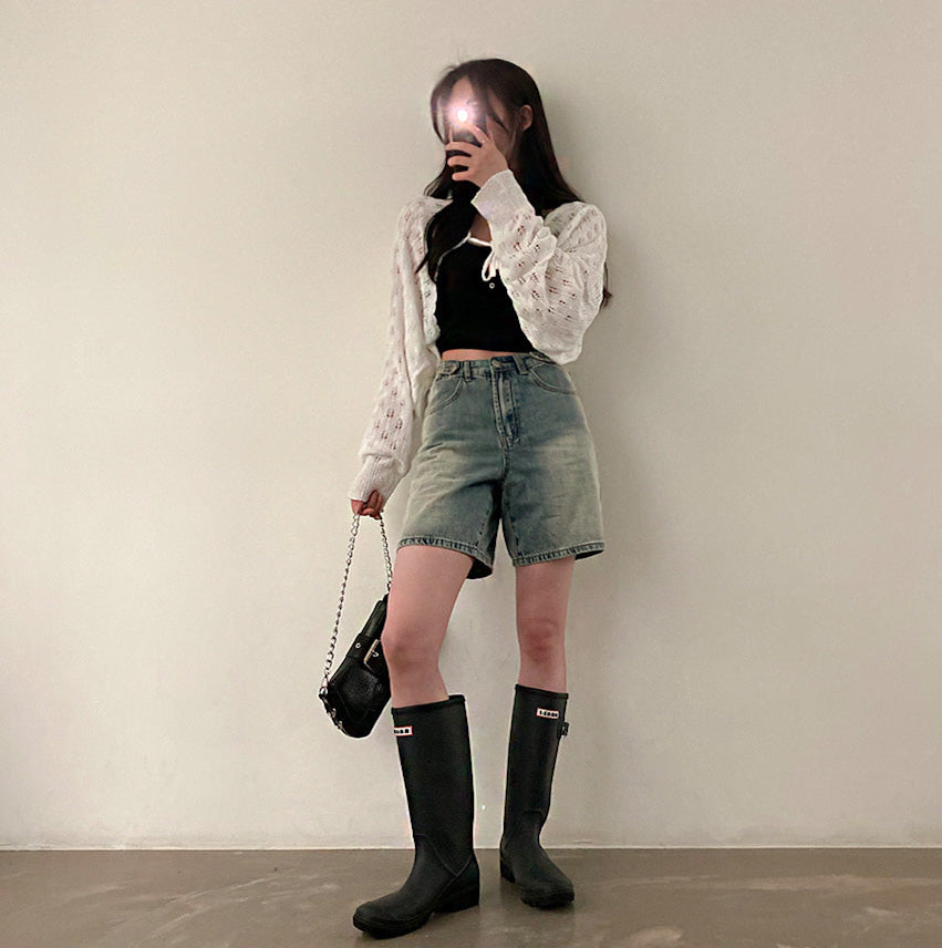 【長度可選/S-2XL】腰圍調節鈕扣水洗牛仔短褲