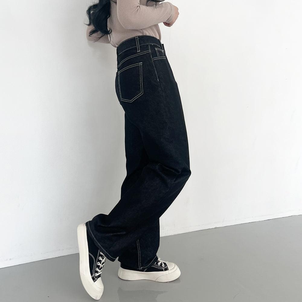 【現貨黑M】明線闊腳牛仔褲 <KR> (S-L) - IKIMSTORE