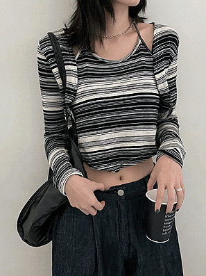 復古條紋不規則吊帶+短版外套SET - IKIMSTORE