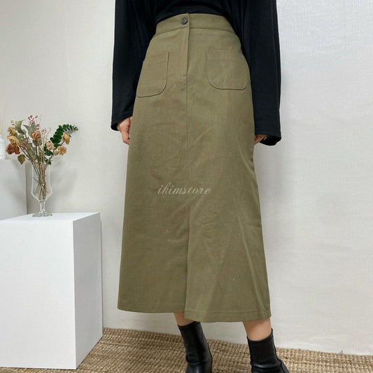🇰🇷雙口袋前開叉牛仔棉長裙 - ikimstore