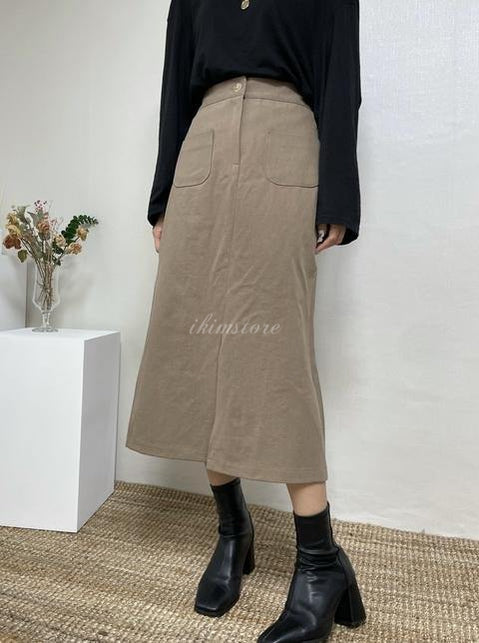 🇰🇷雙口袋前開叉牛仔棉長裙 - ikimstore