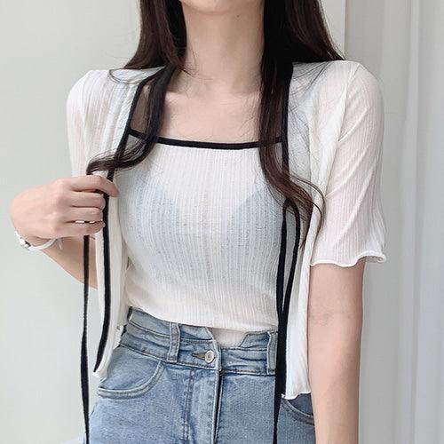 【完美搭配SET!】涼感綁帶撞色短袖開衫+背心套裝<KR> - IKIMSTORE