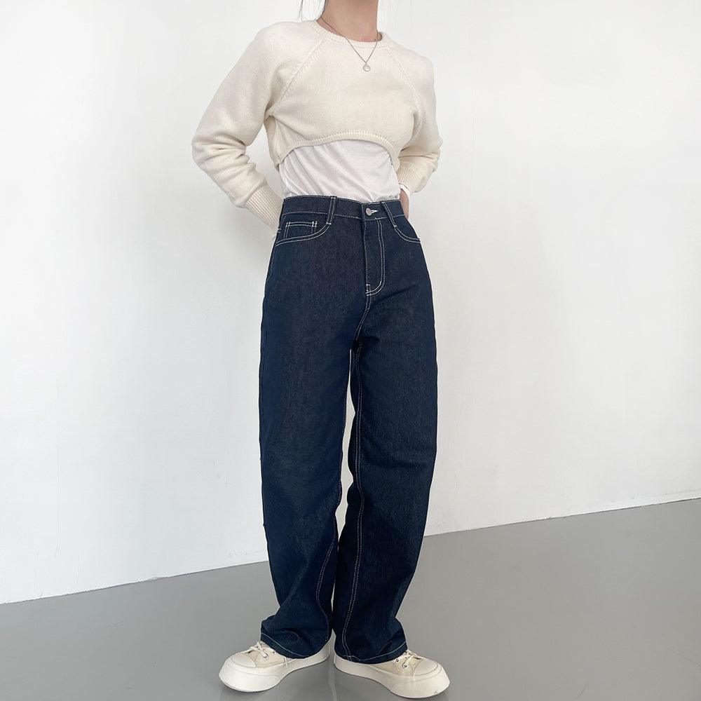 【現貨黑M】明線闊腳牛仔褲 <KR> (S-L) - IKIMSTORE