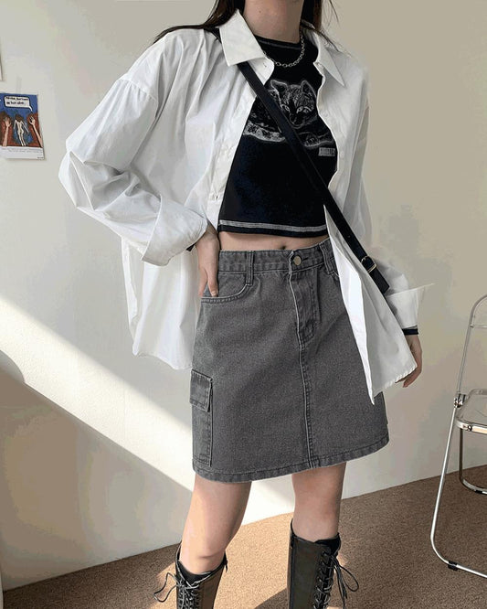 染色水洗牛仔工裝裙<KR> - IKIMSTORE