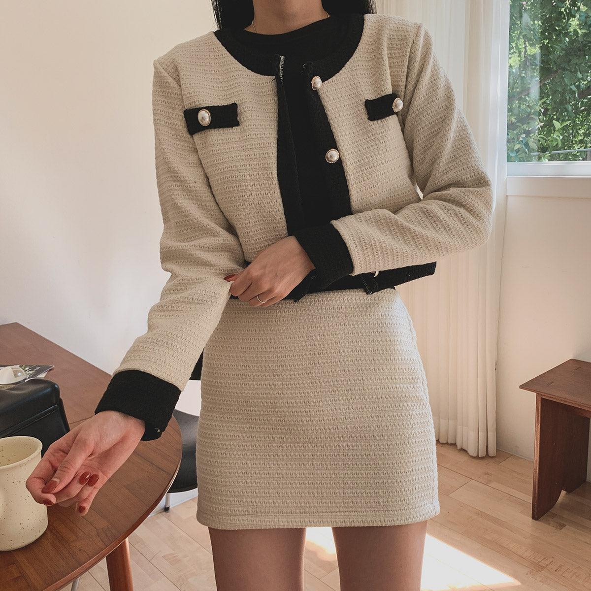 暗花呢珍珠扣小香套裝<KR> - IKIMSTORE