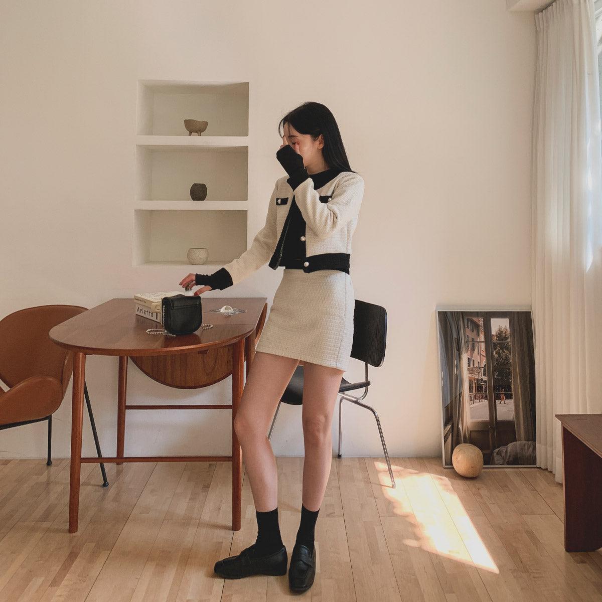 暗花呢珍珠扣小香套裝<KR> - IKIMSTORE