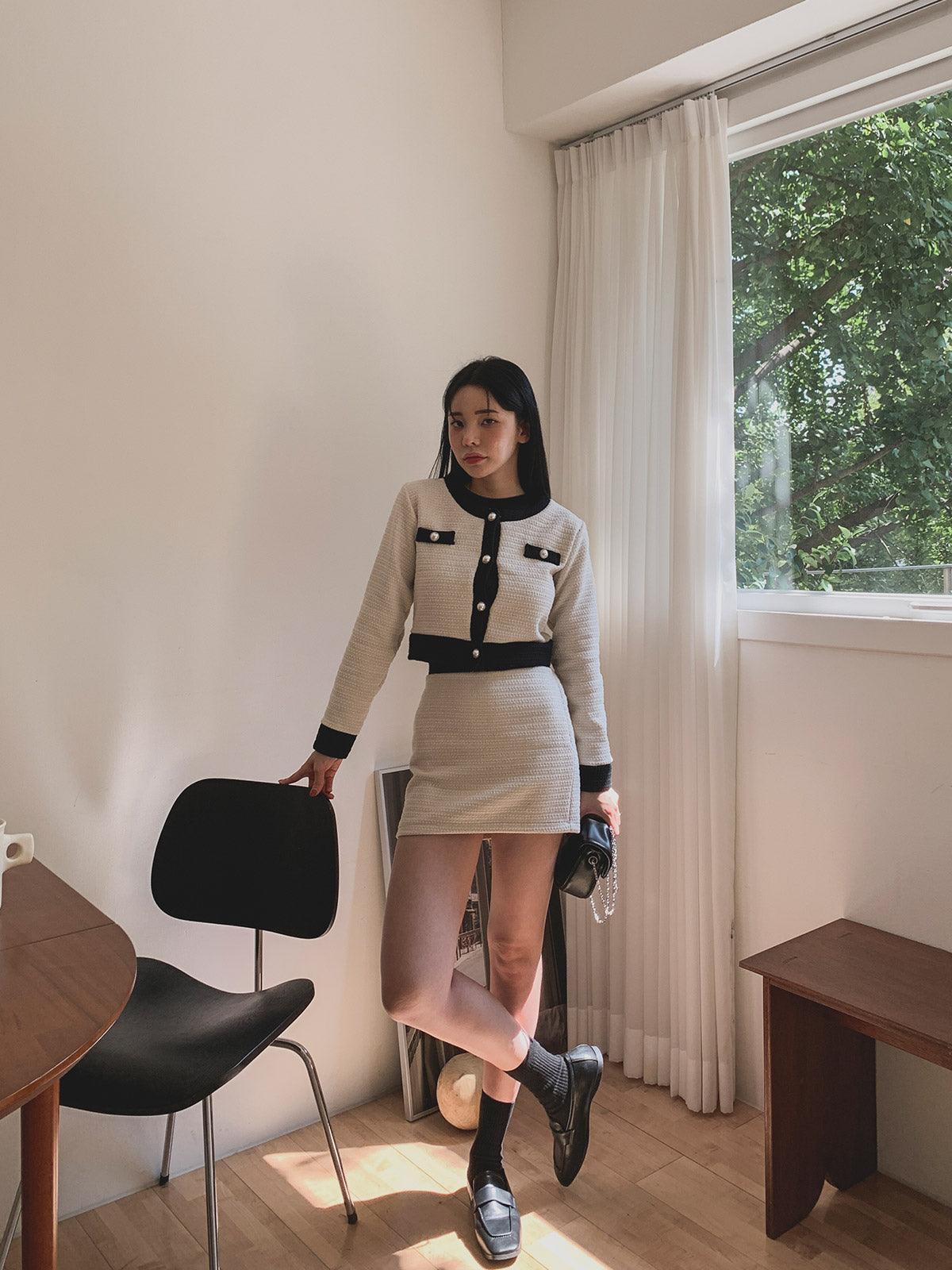 暗花呢珍珠扣小香套裝<KR> - IKIMSTORE