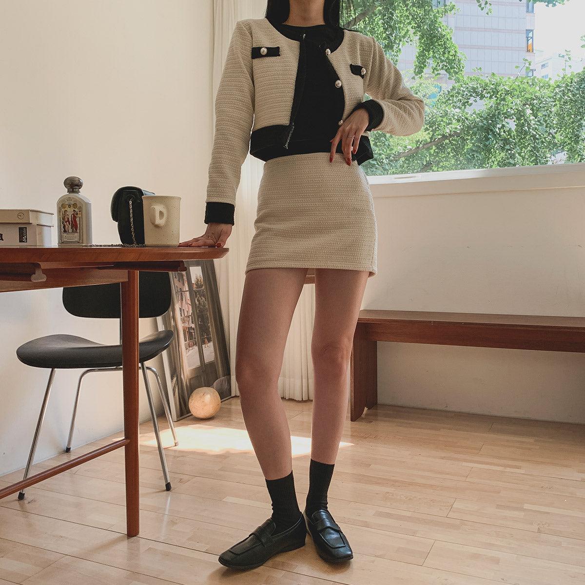暗花呢珍珠扣小香套裝<KR> - IKIMSTORE
