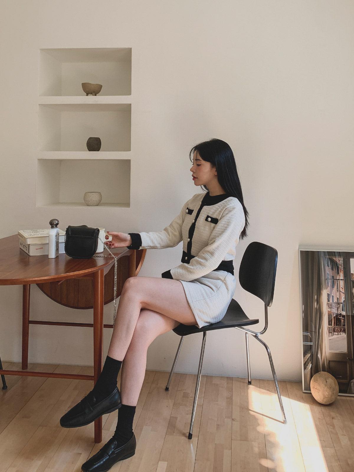 暗花呢珍珠扣小香套裝<KR> - IKIMSTORE