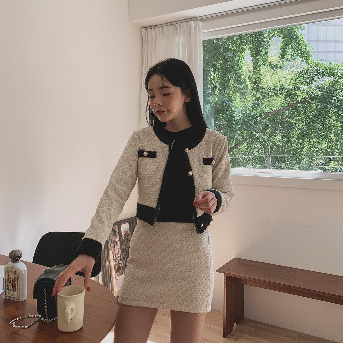 暗花呢珍珠扣小香套裝<KR> - IKIMSTORE