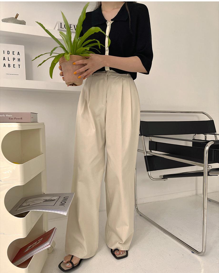 【三種長度/後橡筋腰】兩針褶棉質西裝闊褲<KR>(S~2XL) - IKIMSTORE
