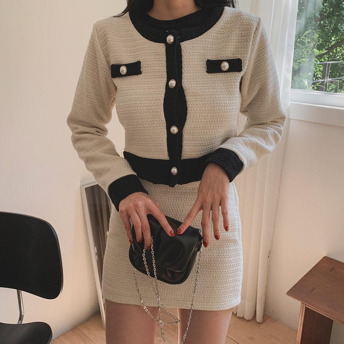 暗花呢珍珠扣小香套裝<KR> - IKIMSTORE
