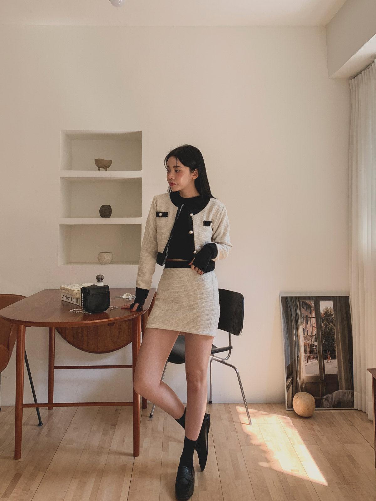 暗花呢珍珠扣小香套裝<KR> - IKIMSTORE