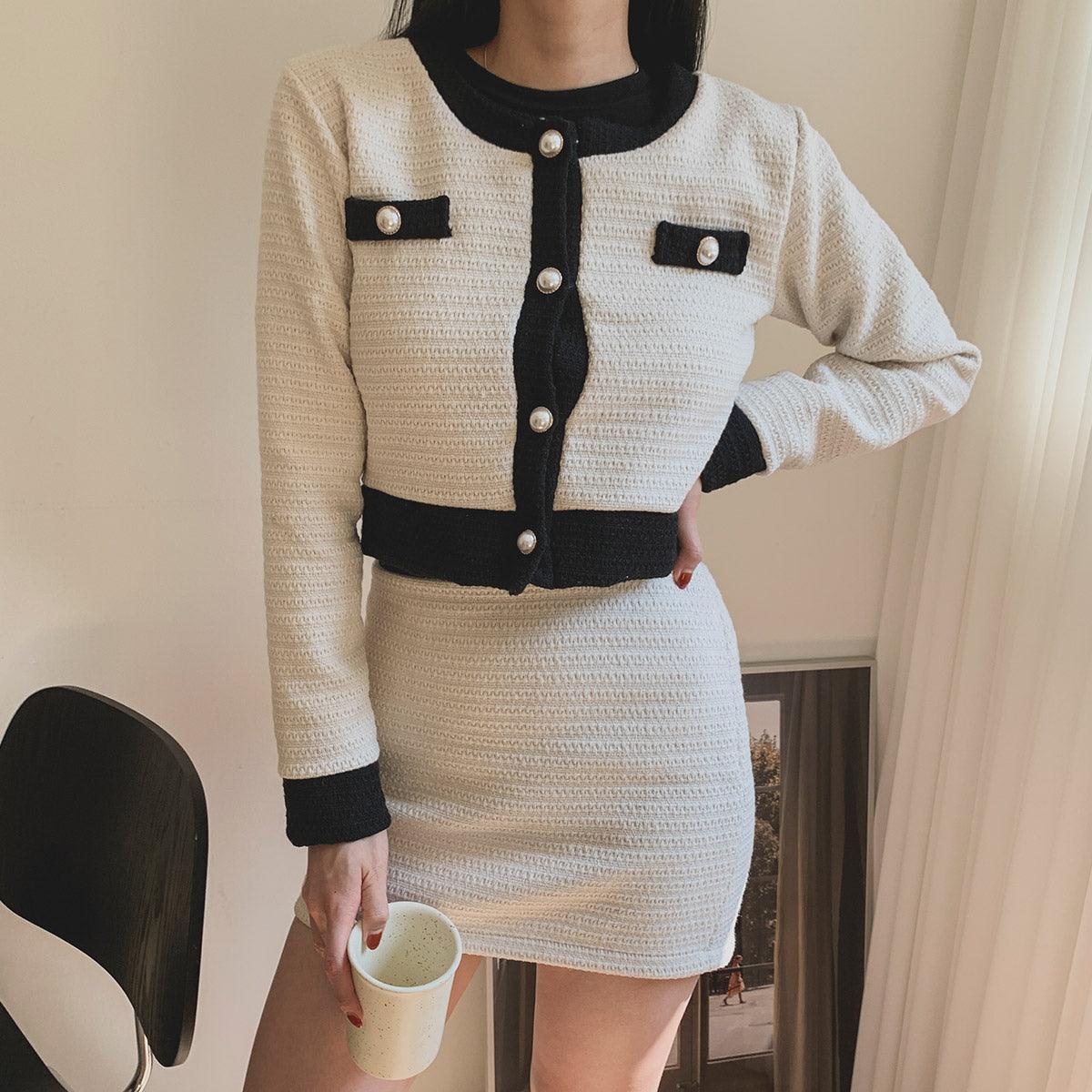 暗花呢珍珠扣小香套裝<KR> - IKIMSTORE