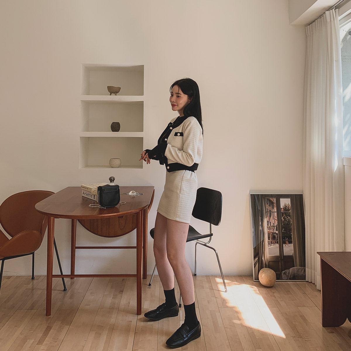 暗花呢珍珠扣小香套裝<KR> - IKIMSTORE