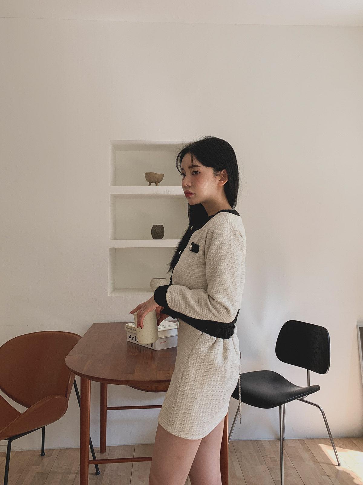 暗花呢珍珠扣小香套裝<KR> - IKIMSTORE
