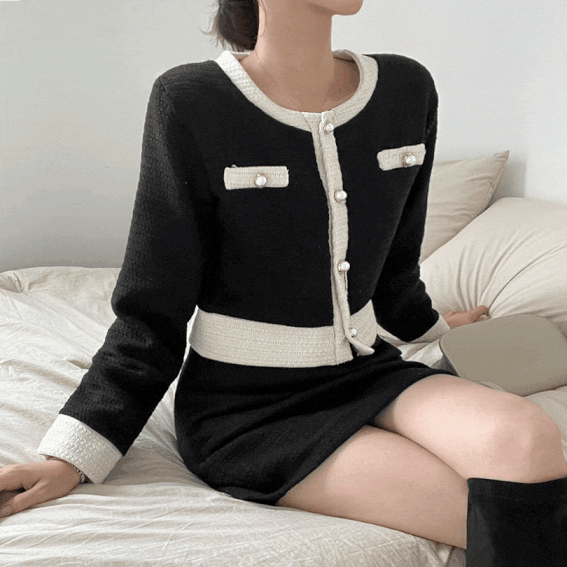 暗花呢珍珠扣小香套裝<KR> - IKIMSTORE