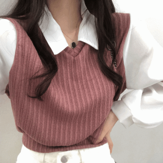 【現貨灰】韓製針織背心雪紡襯衫 <KR> - IKIMSTORE