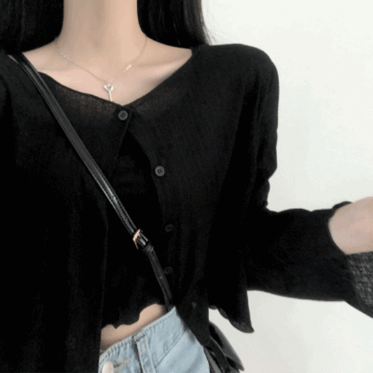 【現貨黑】涼感薄款♡ 木耳花邊背心外套SET - IKIMSTORE