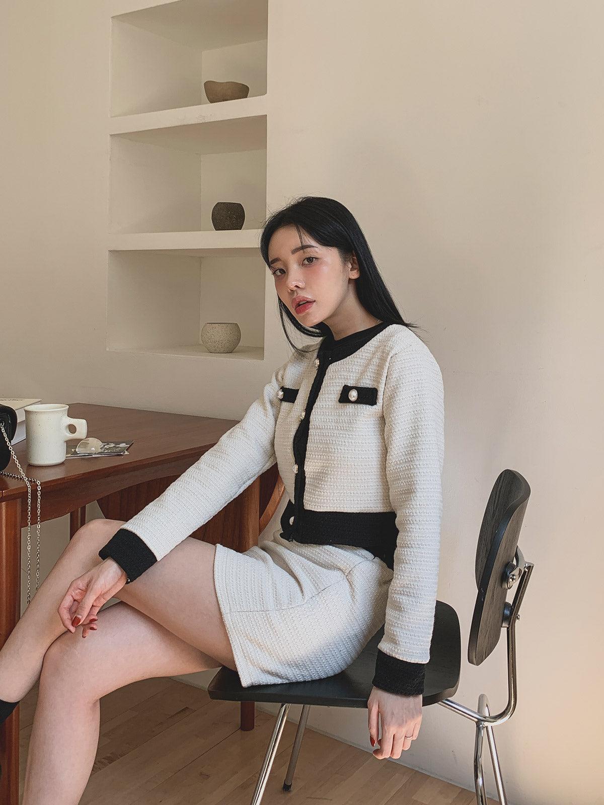 暗花呢珍珠扣小香套裝<KR> - IKIMSTORE