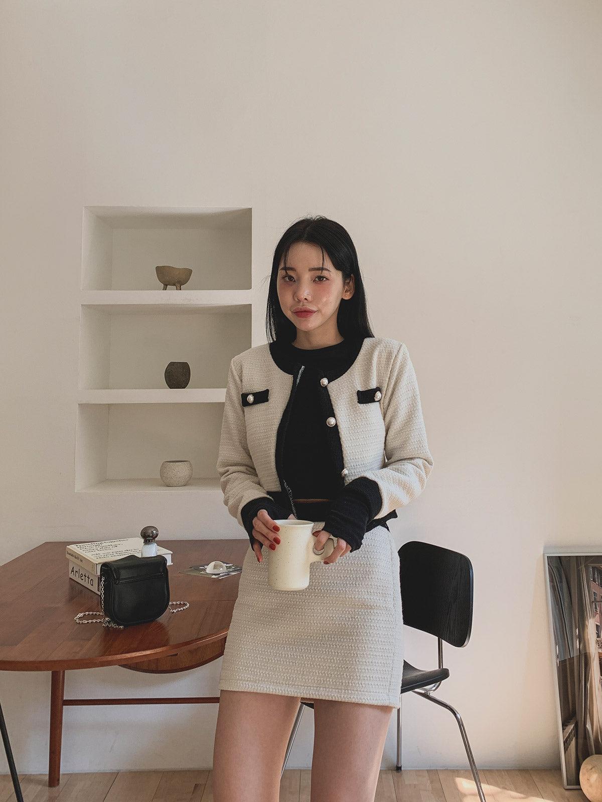 暗花呢珍珠扣小香套裝<KR> - IKIMSTORE