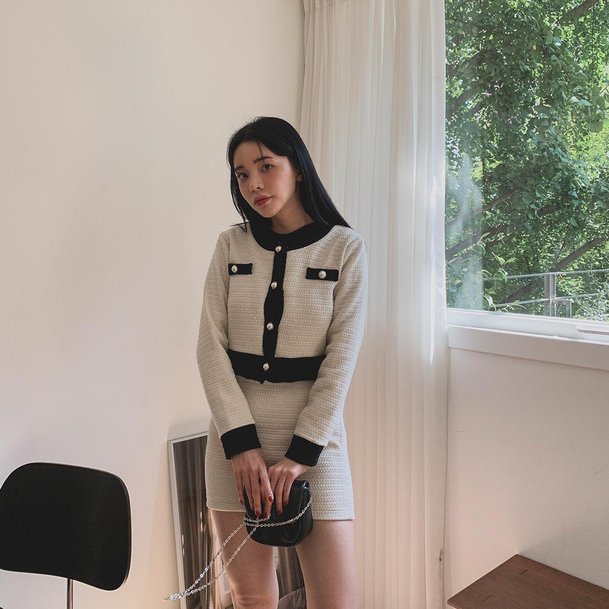 暗花呢珍珠扣小香套裝<KR> - IKIMSTORE