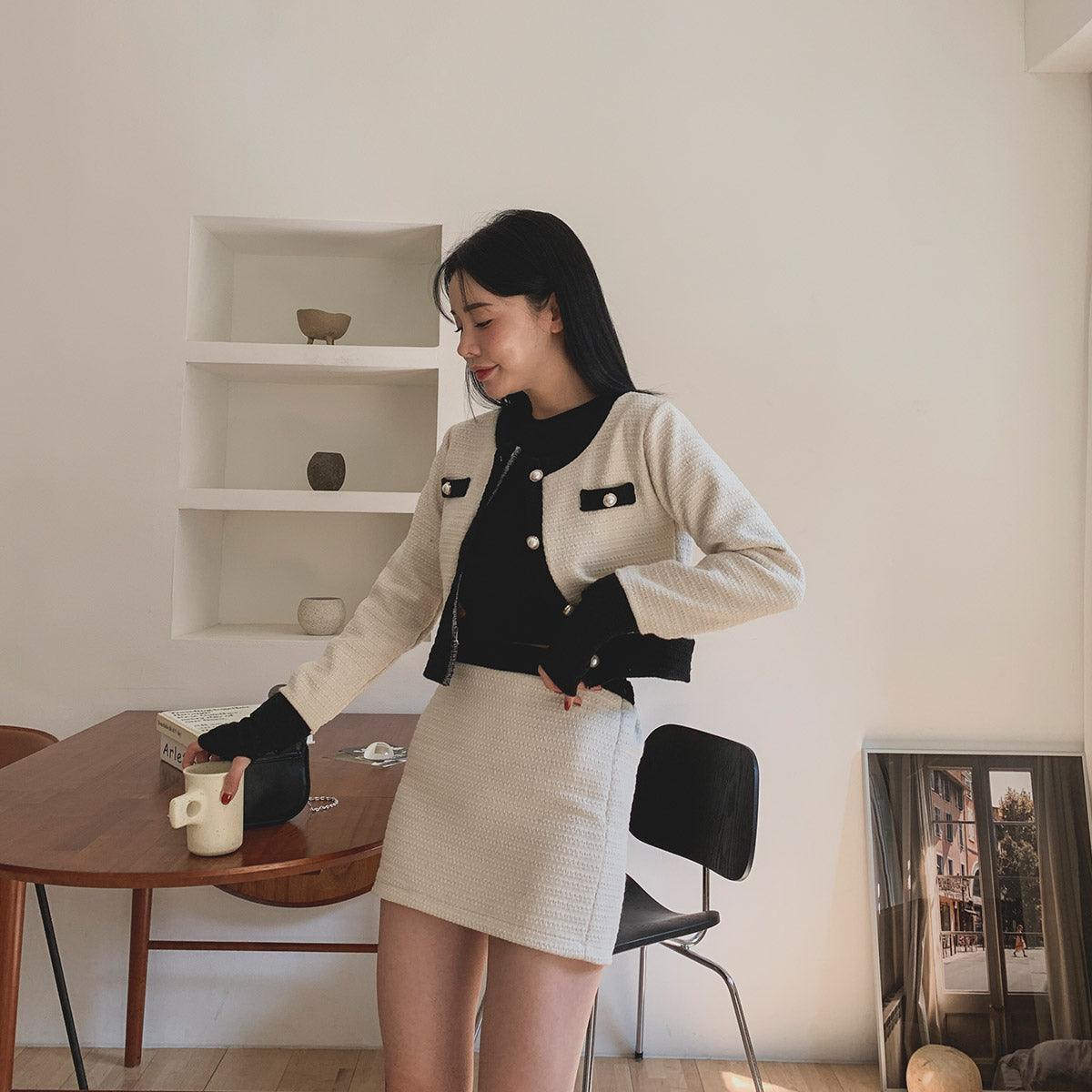 暗花呢珍珠扣小香套裝<KR> - IKIMSTORE