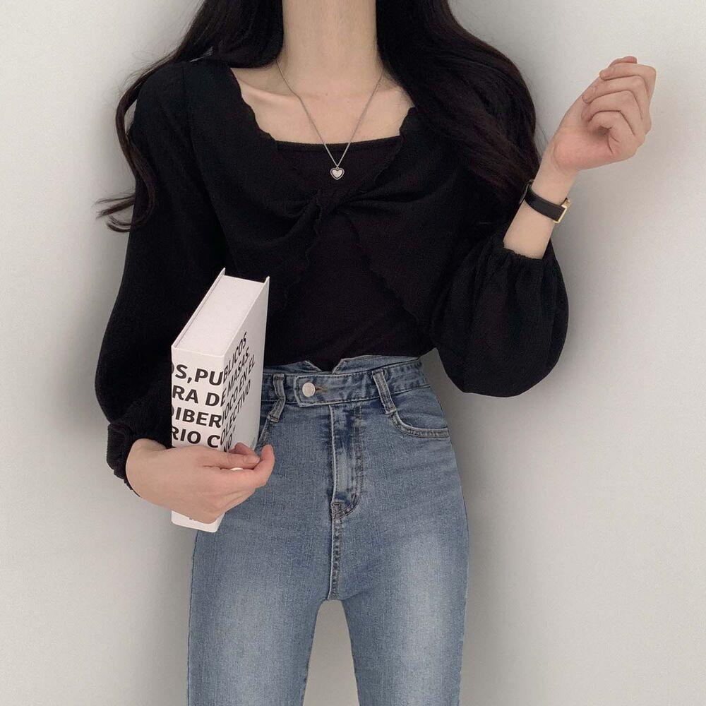 韓製輕盈直紋扭結T恤+背心SET<KR> - IKIMSTORE