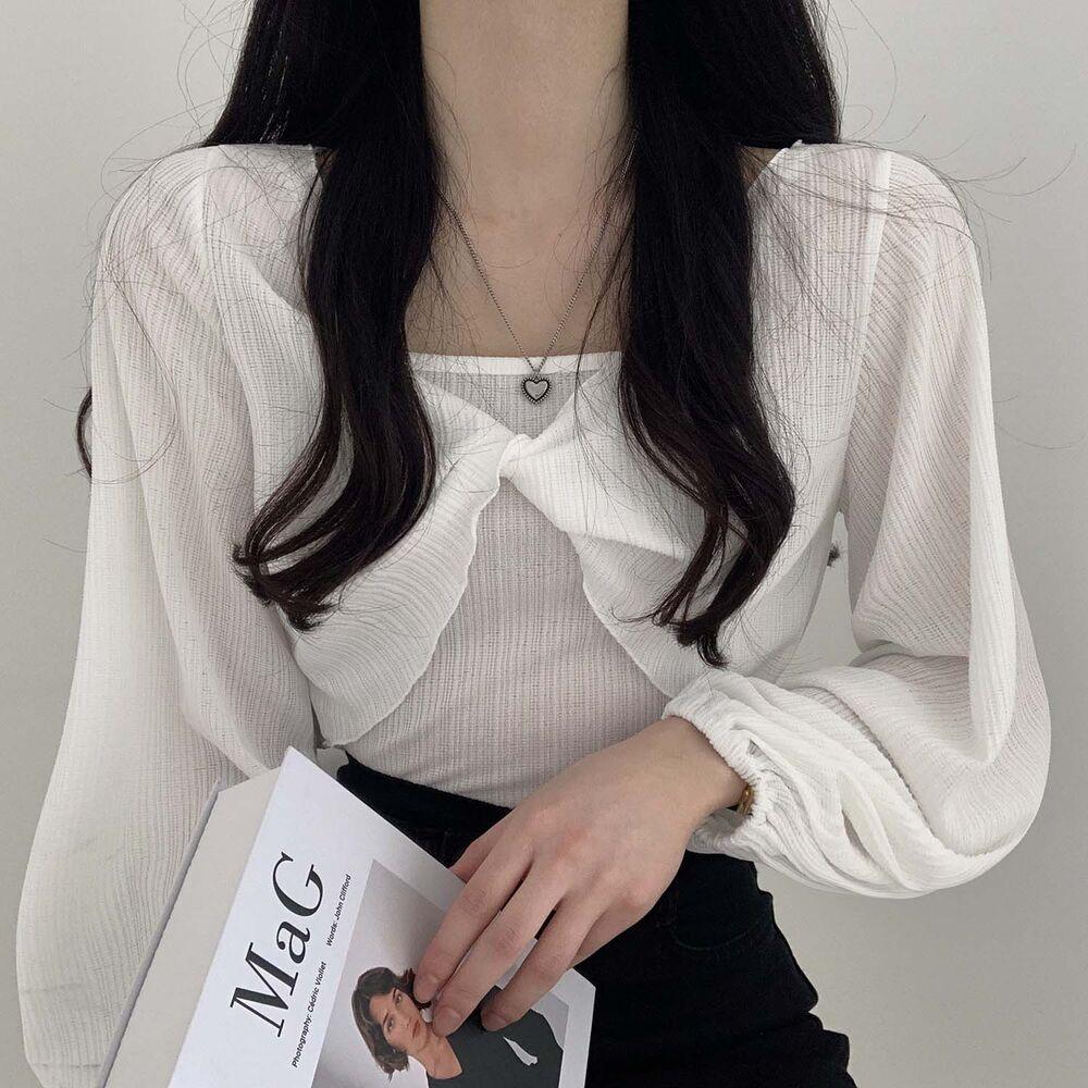 韓製輕盈直紋扭結T恤+背心SET<KR> - IKIMSTORE