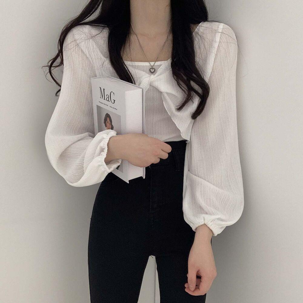 韓製輕盈直紋扭結T恤+背心SET<KR> - IKIMSTORE