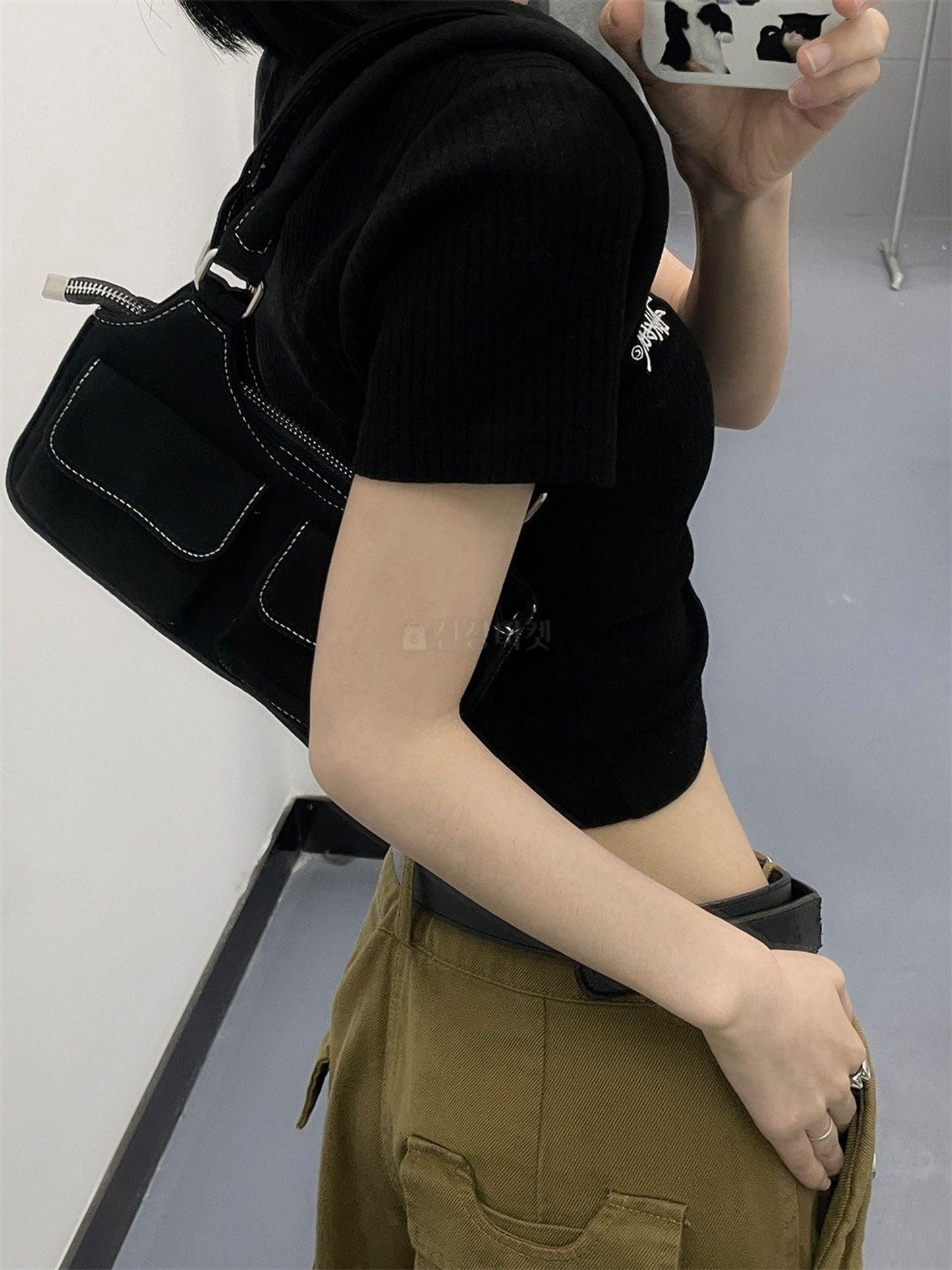 【現貨】韓系個性!牛仔明縫線口袋單肩包 - IKIMSTORE