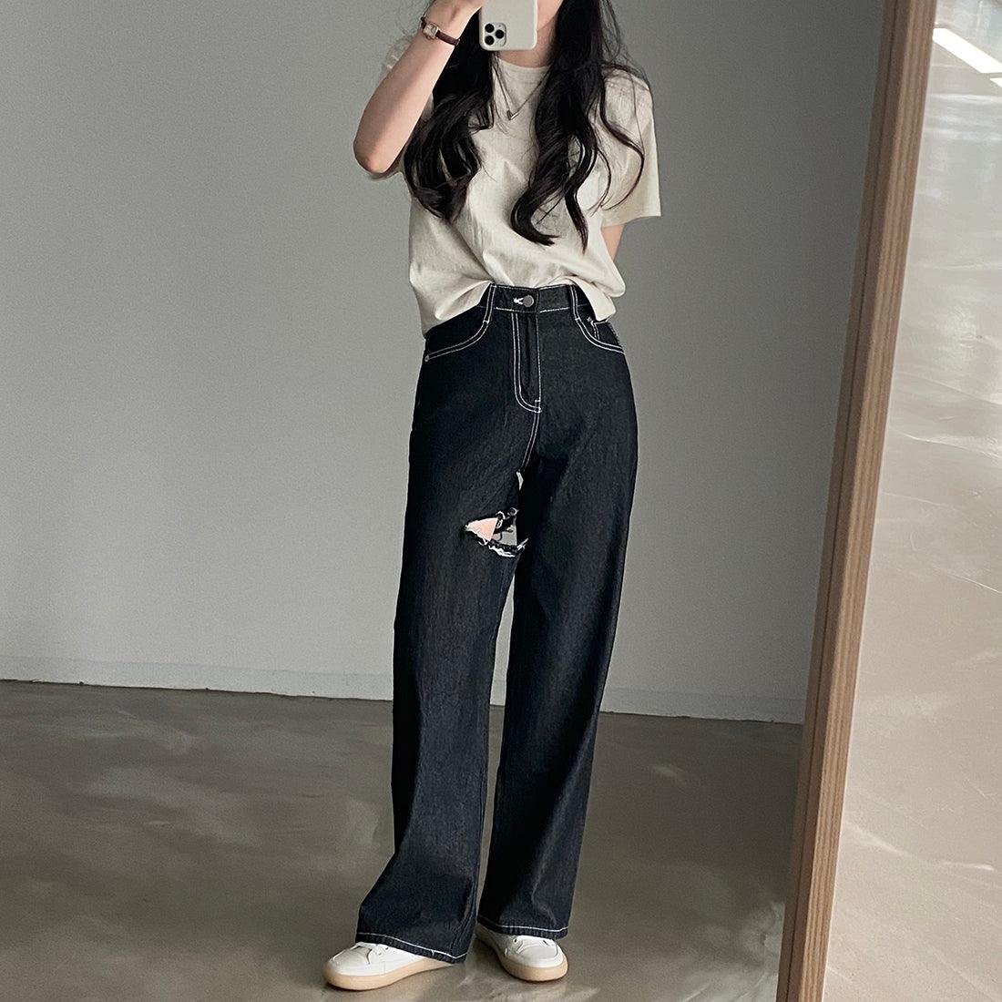 明線大腿割破闊腳牛仔褲<KR> - IKIMSTORE