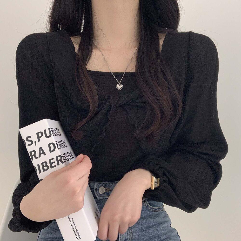 韓製輕盈直紋扭結T恤+背心SET<KR> - IKIMSTORE