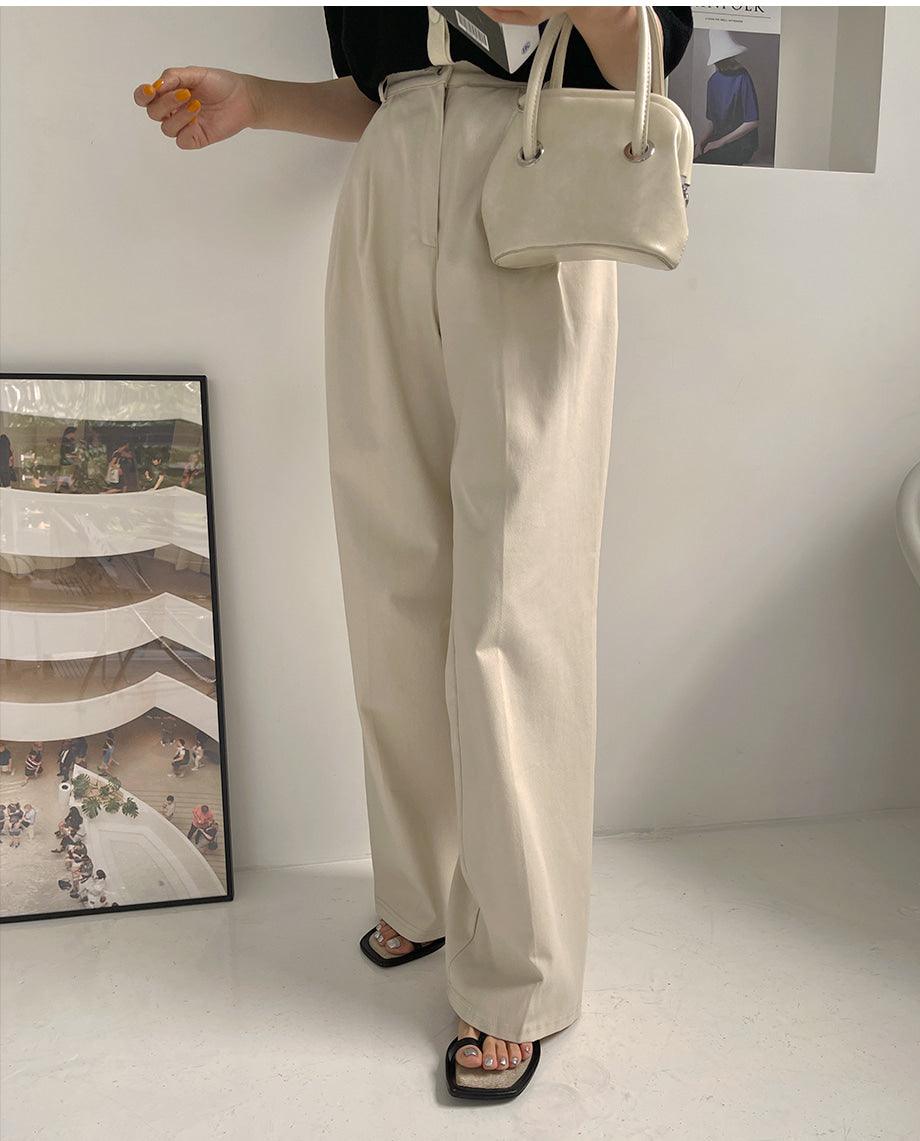 【三種長度/後橡筋腰】兩針褶棉質西裝闊褲<KR>(S~2XL) - IKIMSTORE