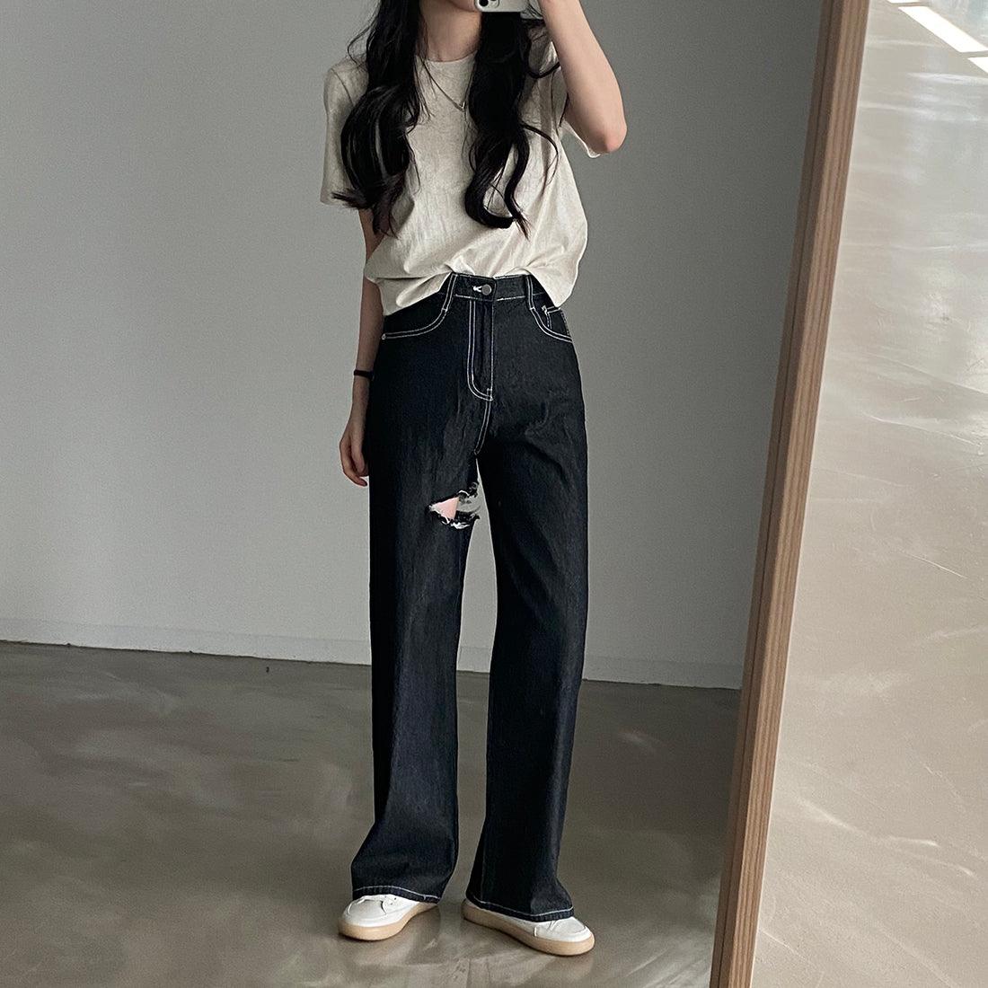 明線大腿割破闊腳牛仔褲<KR> - IKIMSTORE