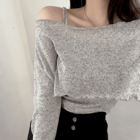 木耳花邊背心+露肩短款針織SET - IKIMSTORE