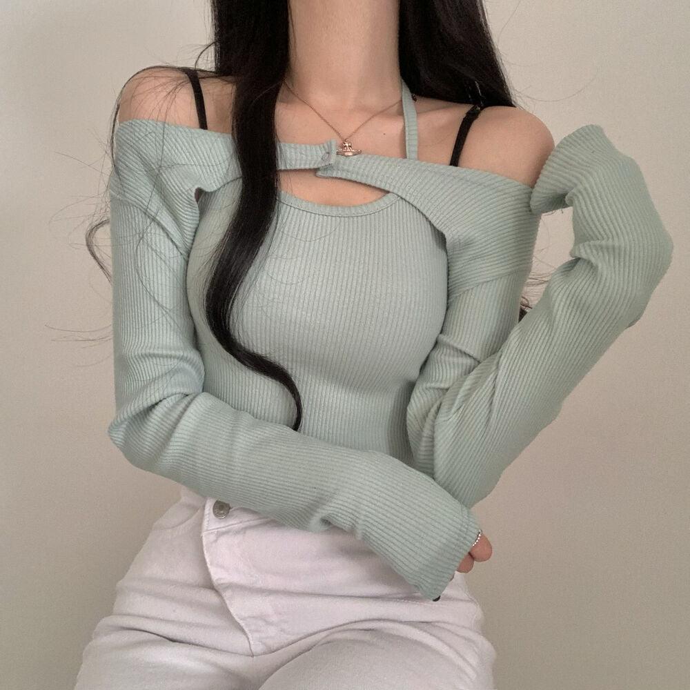 🥂韓製鈕扣短上衣+背心SET - IKIMSTORE