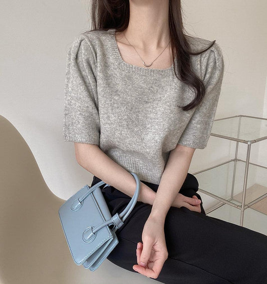 【氣質!】韓製混色感方領微泡袖針T<KR> - IKIMSTORE