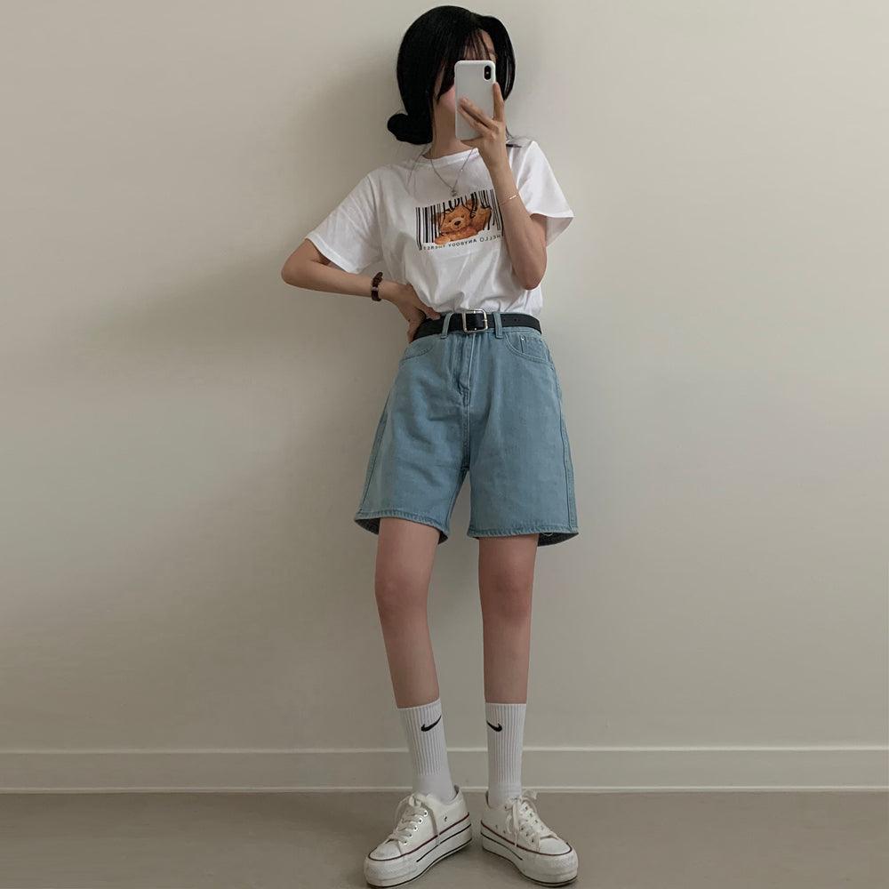 【附腰帶】韓系五分牛仔短褲 - IKIMSTORE