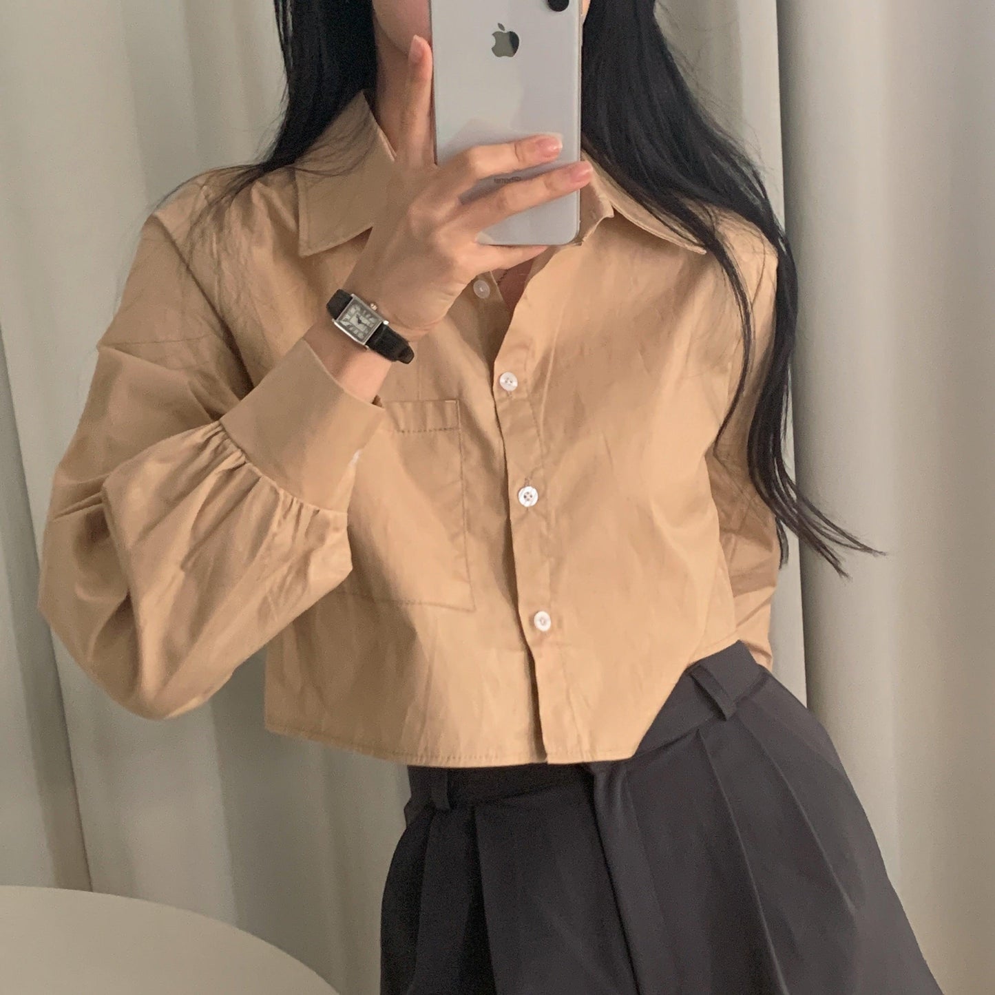 【現貨beige/好面料!】素色口袋短款恤衫(4color) - IKIMSTORE