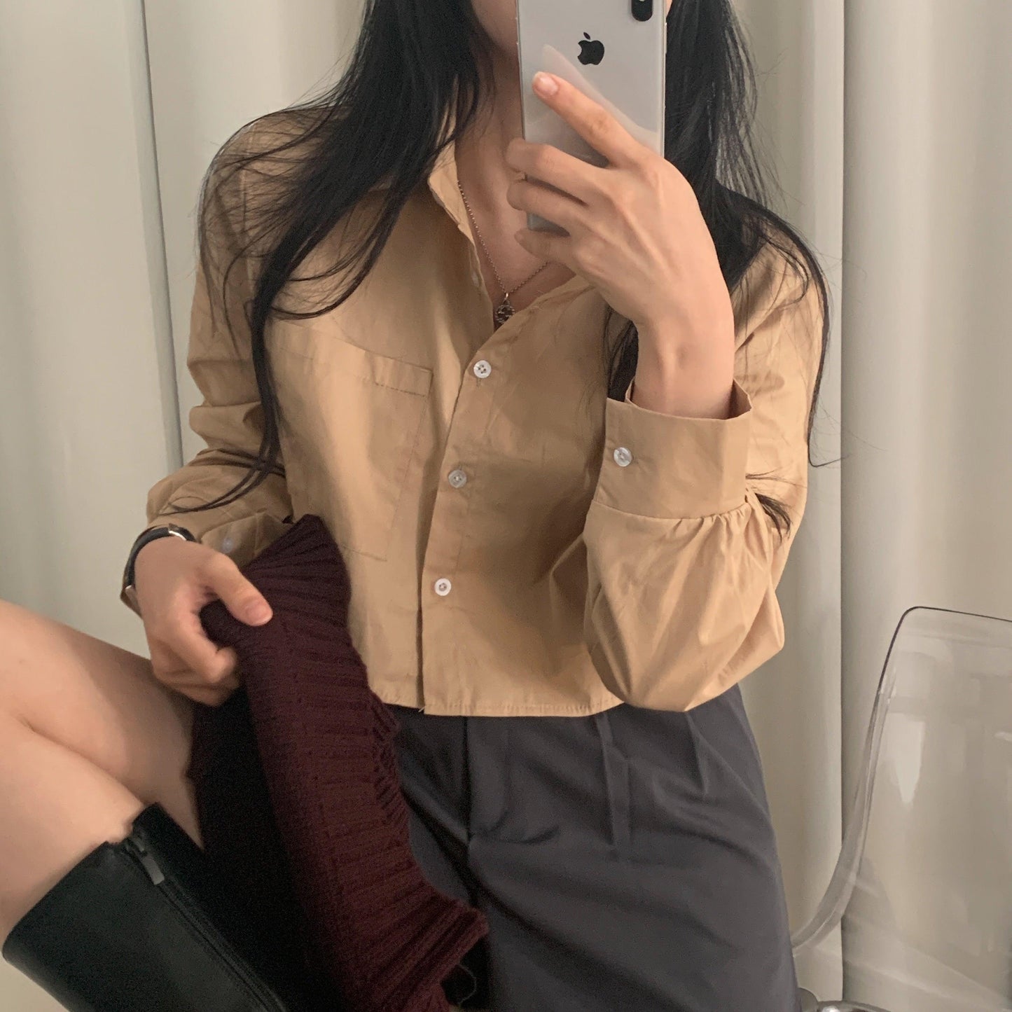 【現貨beige/好面料!】素色口袋短款恤衫(4color) - IKIMSTORE