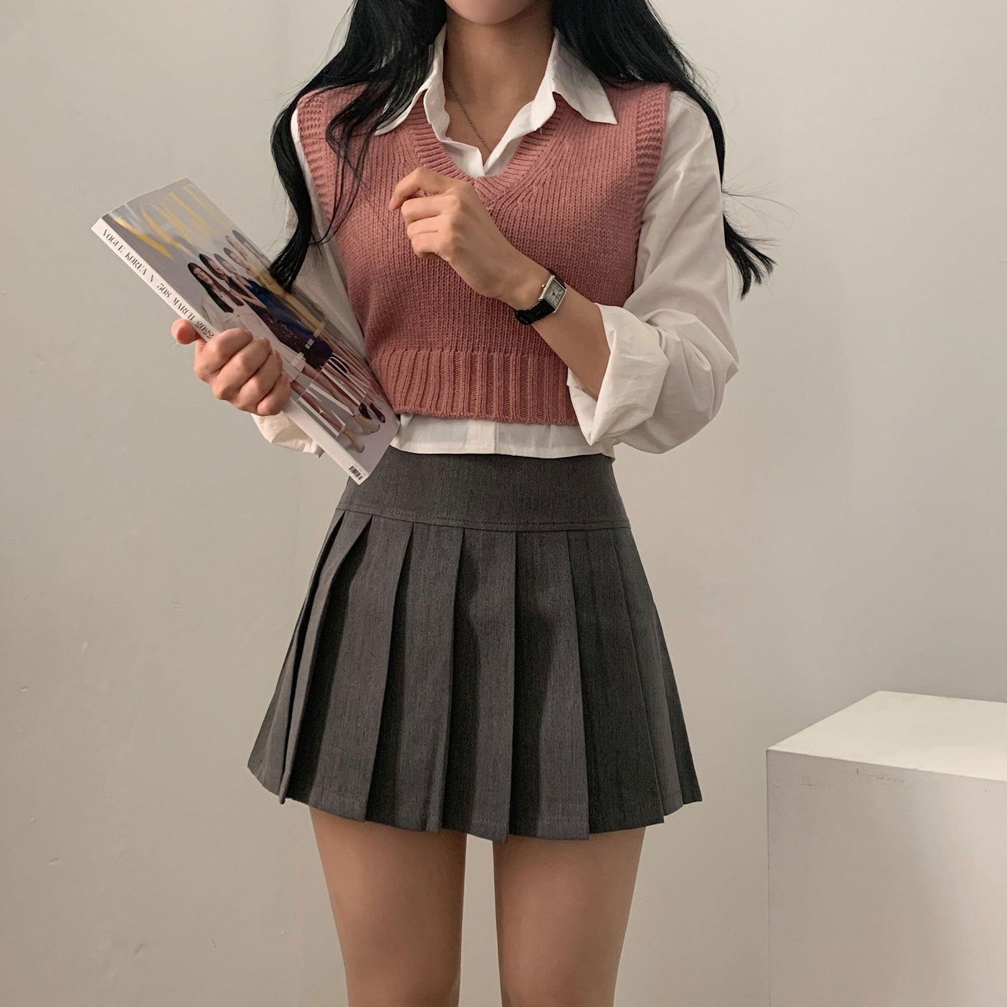 【春季新款/10色】韓製V領短款針織背心 - IKIMSTORE