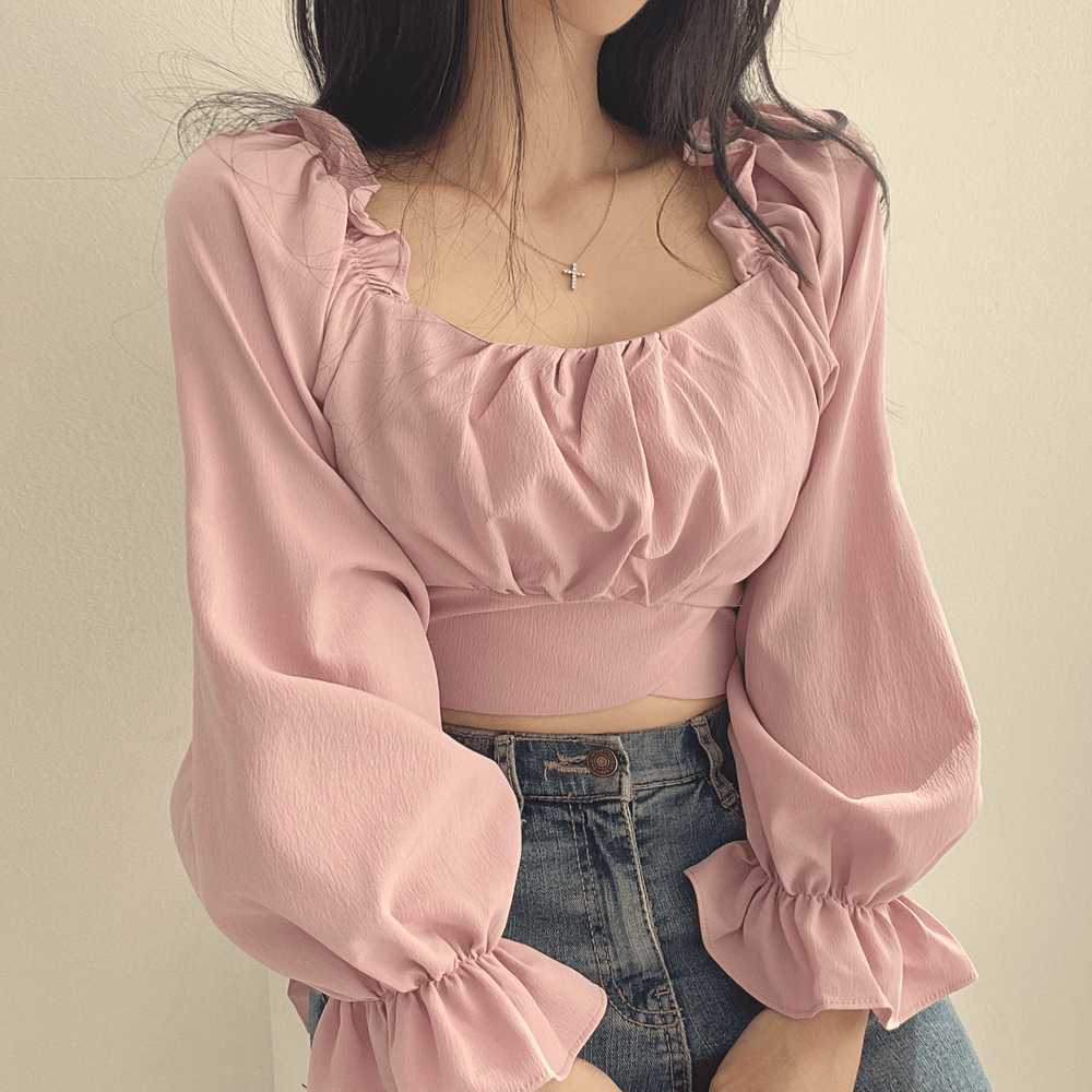 【收腰~】🎀後背蝴蝶結短款泡泡衫 - IKIMSTORE