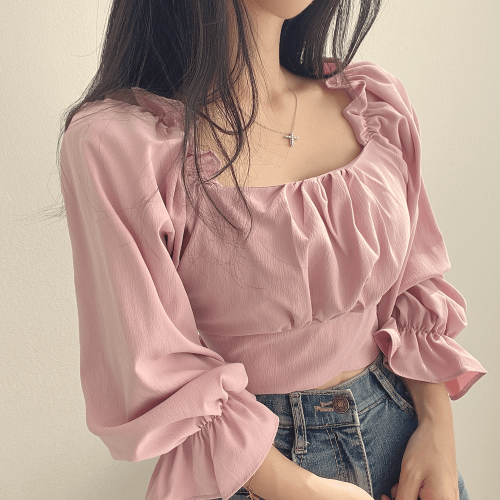 【收腰~】🎀後背蝴蝶結短款泡泡衫 - IKIMSTORE