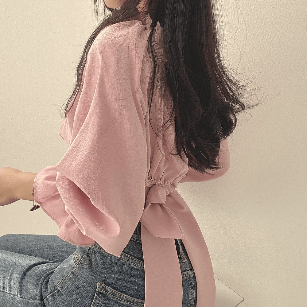 【收腰~】🎀後背蝴蝶結短款泡泡衫 - IKIMSTORE